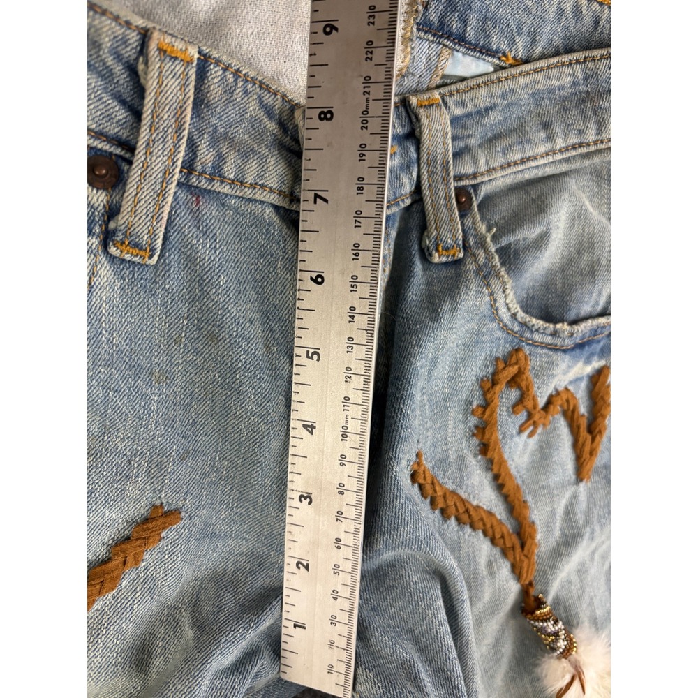 Michelle Julene Couture Levi's Upcycled Jeans Leather Fringe Lace Up OOAK - Picture 14 of 15
